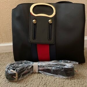 Black and Red Shoulder Bag with Gold Ring Handle